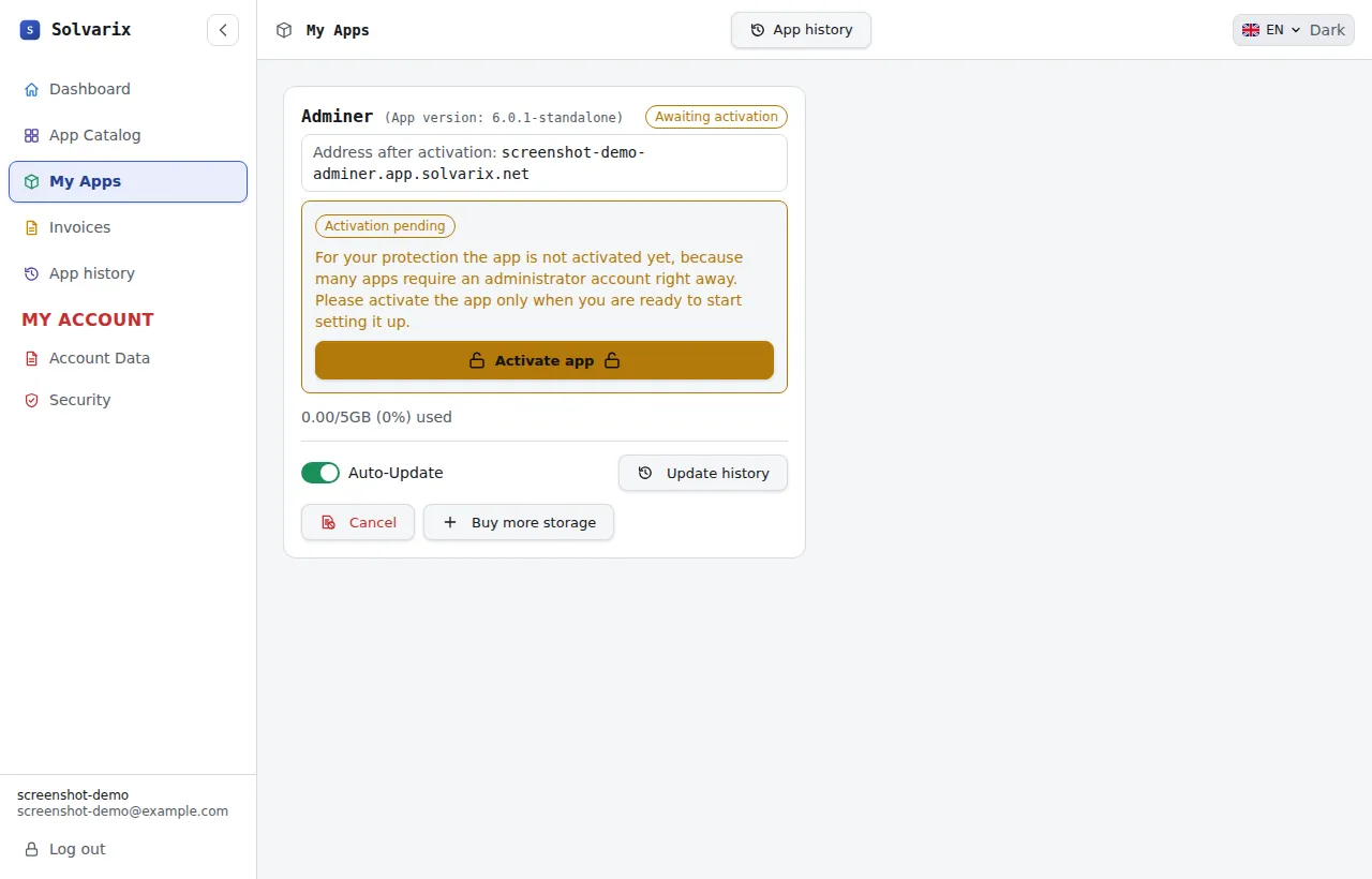 App activation in the customer portal
